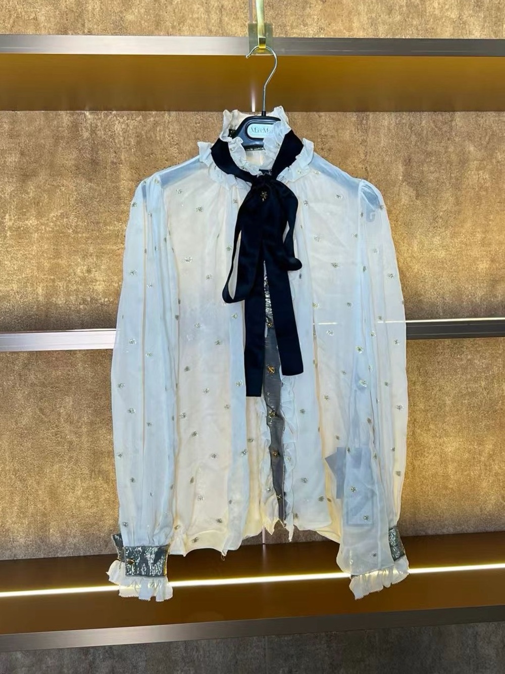 Dolce & Gabbana White Sheer Button-Down Shirt with Black Ribbon